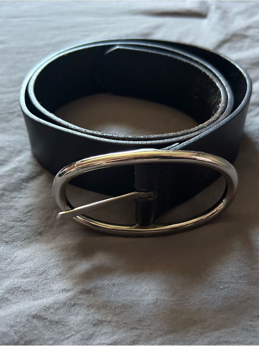 Women’s Black Leather Belt with Silver Oval Buckle